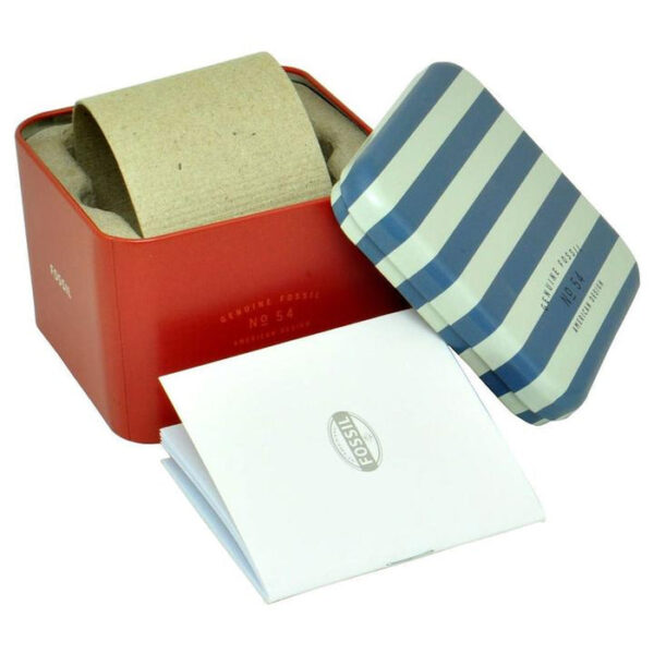 Fossil Grant watch packaging box with red exterior and striped case