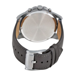 Fossil Grant watch caseback with stainless steel cover and gray leather strap visible