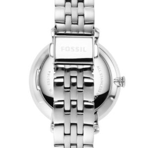 Back view of Fossil Jacqueline watch displaying case back and stainless steel three-link bracelet