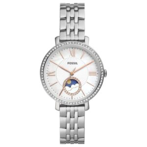 Fossil Jacqueline women's watch with silver-tone stainless steel bracelet and white dial featuring sun-moon complication