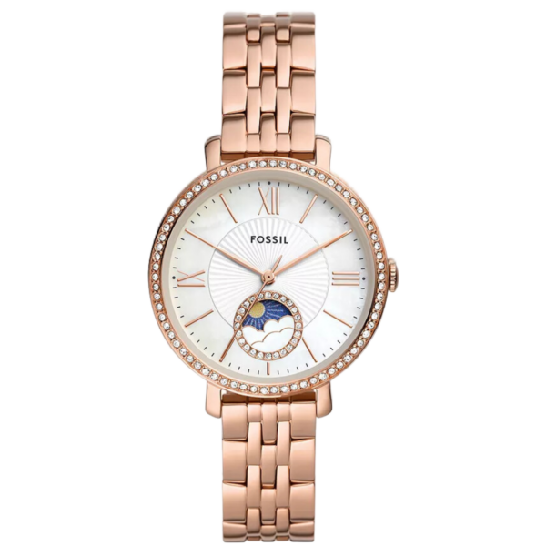 Fossil Jacqueline rose gold women's watch with sun-moon dial and crystal-set bezel