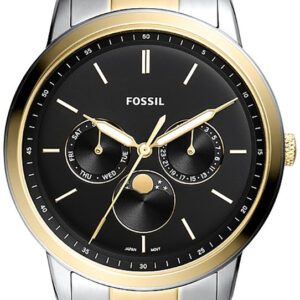 Fossil Neutra two-tone watch with black dial, moonphase subdial, and multifunction chronograph