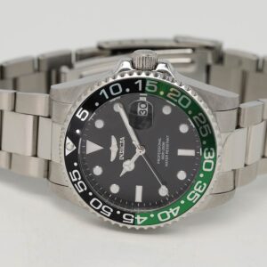 Angled view of Invicta Pro Diver watch showing Sprite bezel and stainless steel three-link bracelet