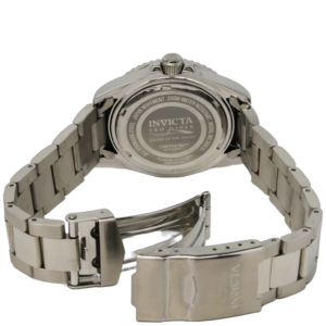 Invicta Pro Diver caseback with stainless steel bracelet and clasp visible