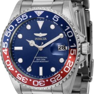 Invicta Pro Diver quartz watch with blue dial, red/blue GMT bezel, and stainless steel bracelet