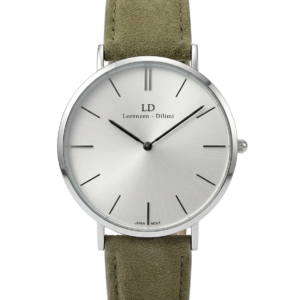 Lorenzen Dilimi slim watch with white dial and beige suede strap front view