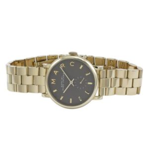 Marc by Marc Jacobs Baker watch angled view showing gold bracelet and grey dial