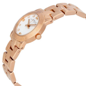 Rose gold Baker watch shown at angle with bracelet and white dial visible