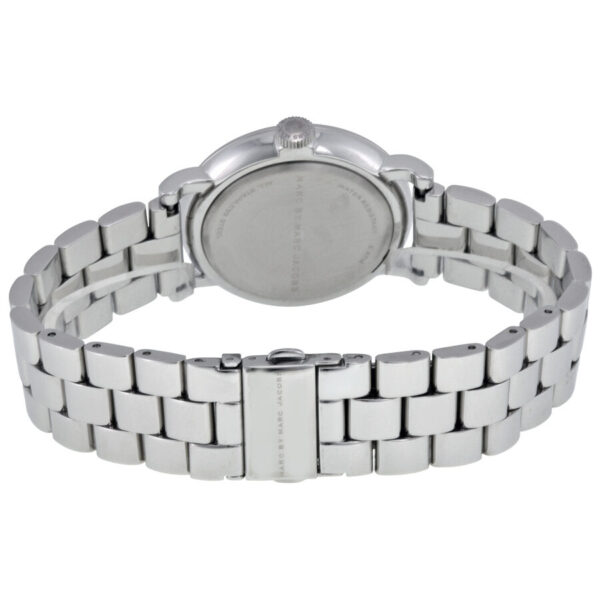 Caseback view of Marc By Marc Jacobs Baker watch with silver-tone stainless steel bracelet