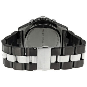 Marc By Marc Jacobs Blade chronograph watch caseback showing gunmetal and silver tone two-tone bracelet