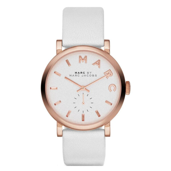 Marc Jacobs Baker MBM1283 women's watch featuring white dial and rose gold tone case