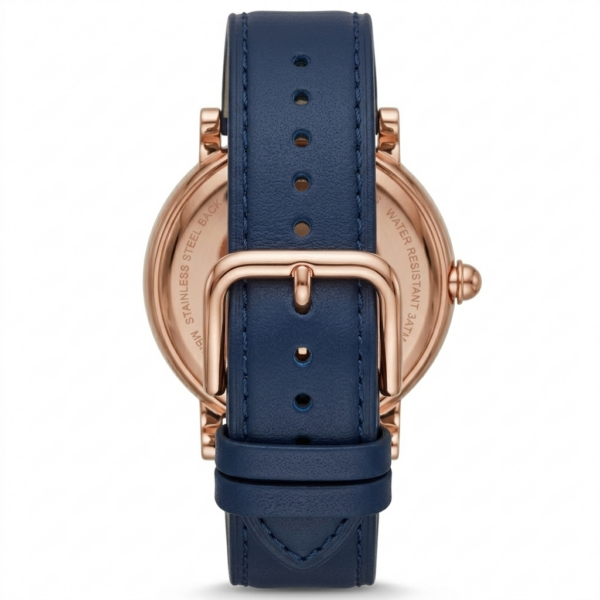 Marc Jacobs Classic Mini MJ1539 caseback showing navy leather strap with buckle closure