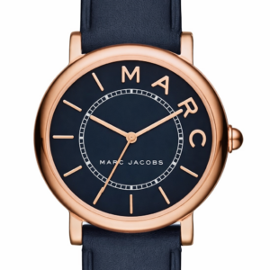 Marc Jacobs Classic Mini MJ1539 watch with navy dial, rose gold case, and navy leather strap