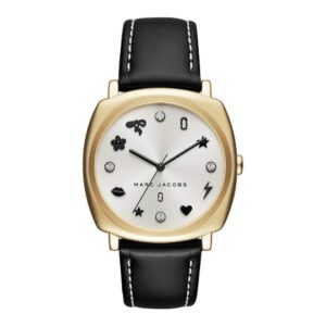 Marc Jacobs Mandy white dial watch with gold-tone case and black leather strap