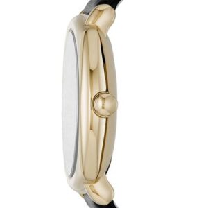 Marc Jacobs Mandy watch side view showing gold-tone case and black leather strap