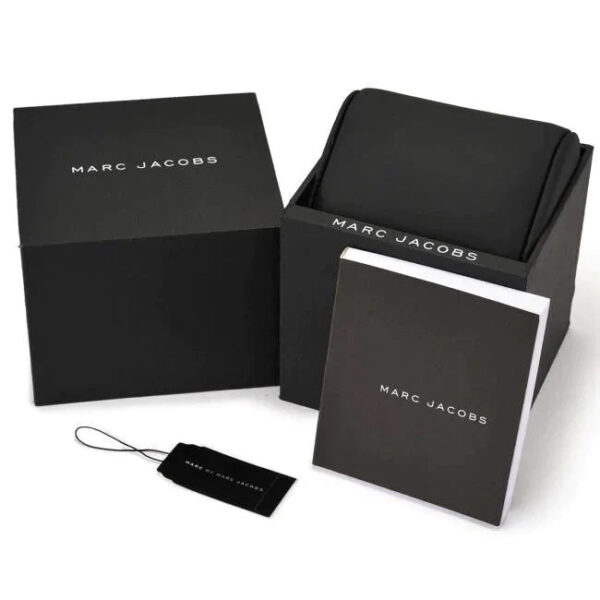 Marc Jacobs watch gift box with black case, matching pouch, and brand tag
