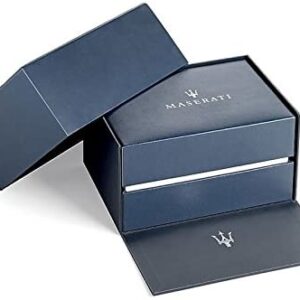 Maserati watch packaging with navy blue presentation box and lid