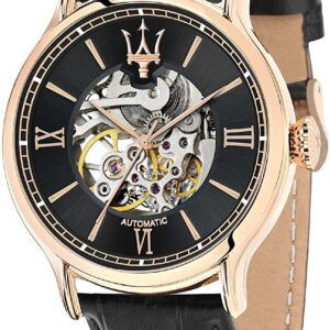 Maserati automatic skeleton men's watch with black dial, rose gold case, and black leather strap