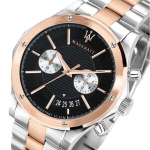 Angled view of Maserati Circuito chronograph with rose gold bezel and dual sub-dials