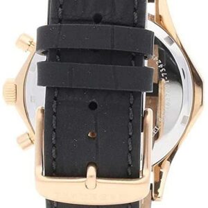 Caseback view of Maserati Circuito watch showing rose gold case back and black leather strap