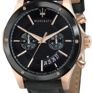 Maserati Circuito men's watch with black dial, rose gold case, chronograph subdials, and black leather strap