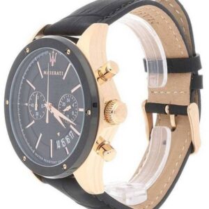 Side view of Maserati Circuito watch displaying rose gold case, black leather strap, and chronograph pushers