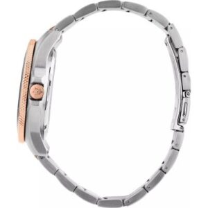 Side view of Maserati Competizione watch showing two-tone rose gold and stainless steel bracelet