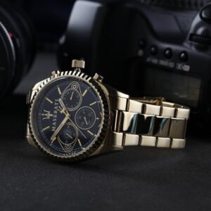 Angled view of Maserati Competizione chronograph with blue dial and gold stainless steel case