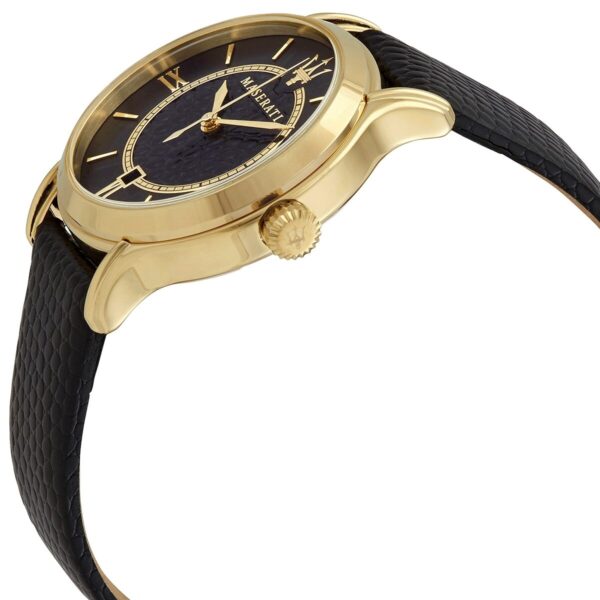 Side view of Maserati Epoca watch showing gold case profile and black leather strap