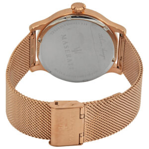 Maserati Epoca watch caseback showing Maserati branding and mesh strap closure