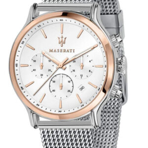 Maserati Epoca rose gold PVD men's chronograph watch with white dial and silver mesh strap