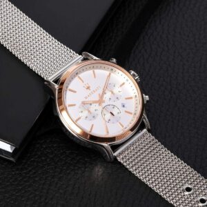 Maserati Epoca chronograph watch detail showing white dial with rose gold indices and chronograph functions