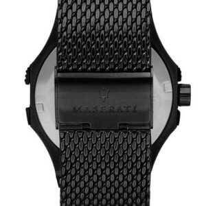Black mesh bracelet of Maserati Potenza watch with fold-over clasp and Maserati branding