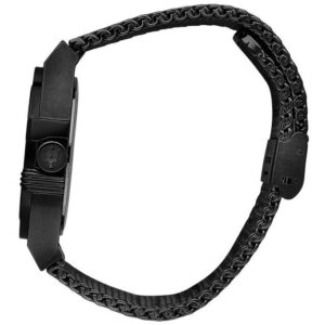 Side view of Maserati Potenza watch with black mesh bracelet and matching black case