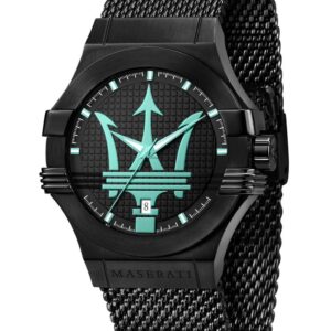 Maserati Potenza Aqua Edition black watch with cyan trident logo on dial and black mesh strap