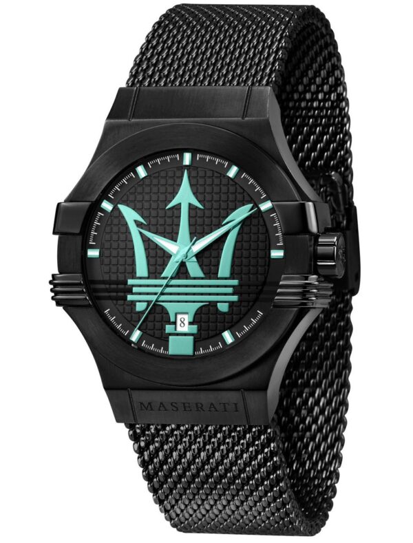 Maserati Potenza Aqua Edition black watch with cyan trident logo on dial and black mesh strap