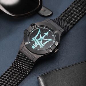 Maserati Potenza Aqua Edition watch worn on wrist, displaying cyan dial elements and black case