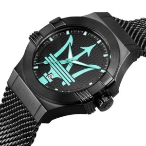 Close-up of Maserati Potenza dial featuring cyan trident logo and luminous hands on black dial