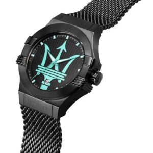 Angled view of Maserati Potenza Aqua Edition watch with cyan dial details and black mesh strap