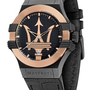 Maserati Potenza quartz watch with black dial, rose gold bezel, and black leather strap