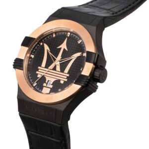 Maserati Potenza watch worn on wrist with black dial, rose gold bezel, and black leather strap