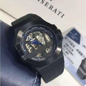 Close-up of Maserati Potenza skeleton dial showing exposed automatic movement and blue hands