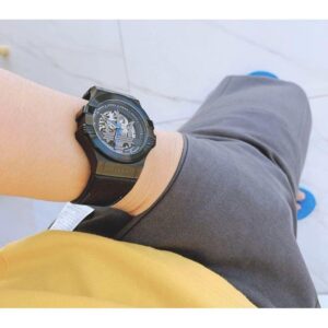 Maserati Potenza black leather watch worn on wrist with black dial skeleton movement visible