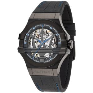 Maserati Potenza black skeleton dial men's watch with black leather strap and stainless steel case