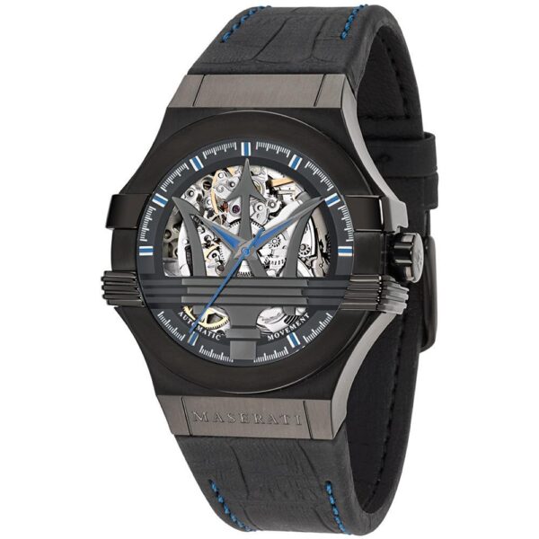 Maserati Potenza black skeleton dial men's watch with black leather strap and stainless steel case