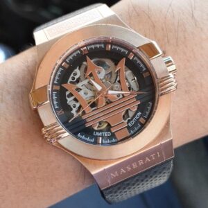 Maserati Potenza rose gold automatic watch on wrist with black strap