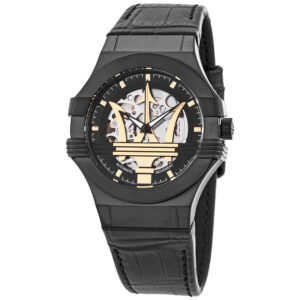 Maserati Potenza automatic men's watch with black case, skeleton dial, and gold movement visible