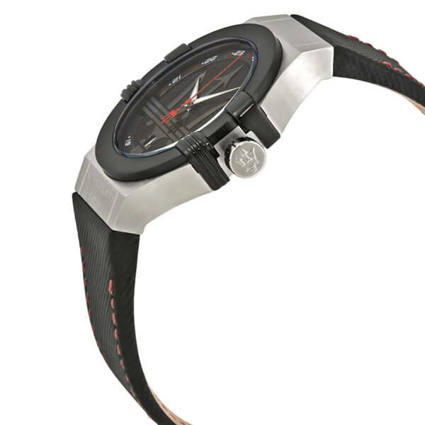 Maserati Potenza watch side view showing stainless steel case and black leather strap