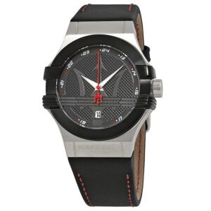 Maserati Potenza black dial watch with stainless steel case and black leather strap
