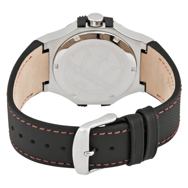 Maserati Potenza watch caseback with stainless steel and black leather strap visible